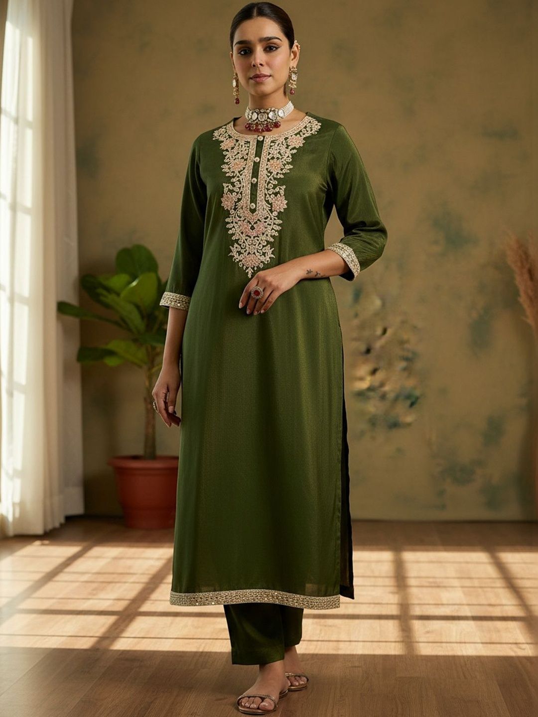 Women Ethnic Motifs Embroidered Regular Thread Work Kurta with Trousers & With Dupatta