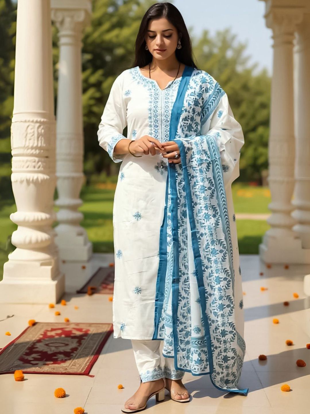 Women Ethnic Motifs Embroidered Pure Cotton Kurta with Trouser & Dupatta