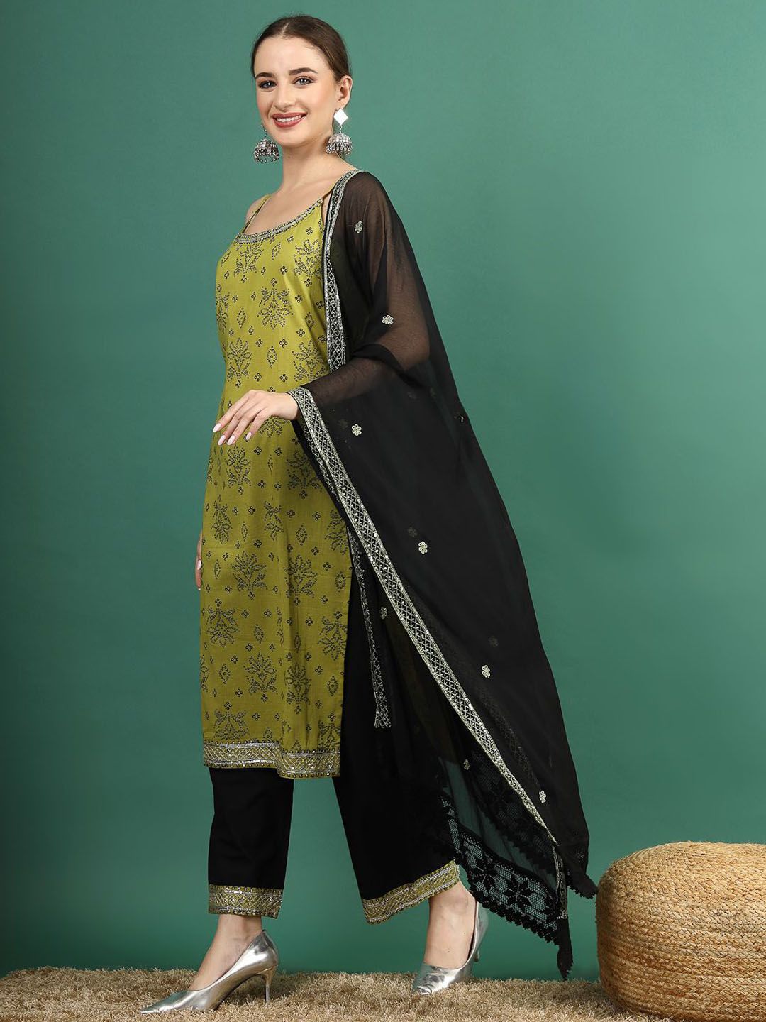Dhiyona SN Women's Green Bandhani Embroidered Shoulder Straps Sequinned Kurta With Palazzo & Dupatta