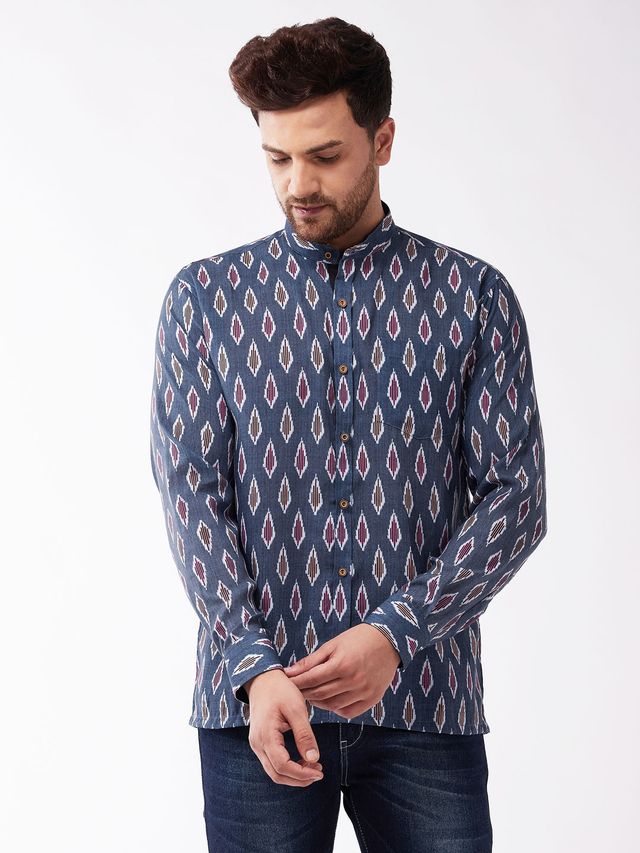 Men's Grey Cotton Blend Straight Ethnic Shirt