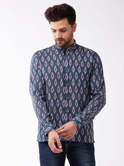 Men's Grey Cotton Blend Straight Ethnic Shirt