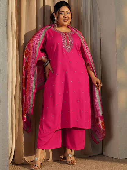 Dhiyona Women's Plus Size Ethnic Motifs Embroidered Kurta with Palazzo & Dupatta