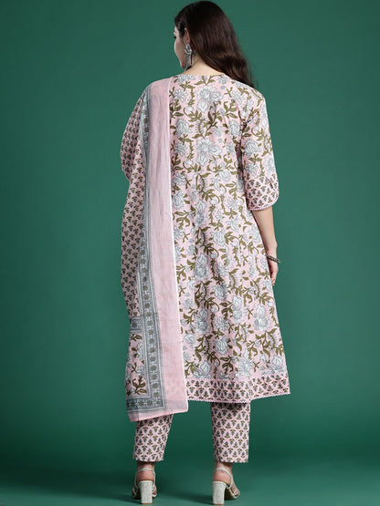 Floral Printed Angrakha Beads and Stones Pure Cotton Kurta Set & With Dupatta