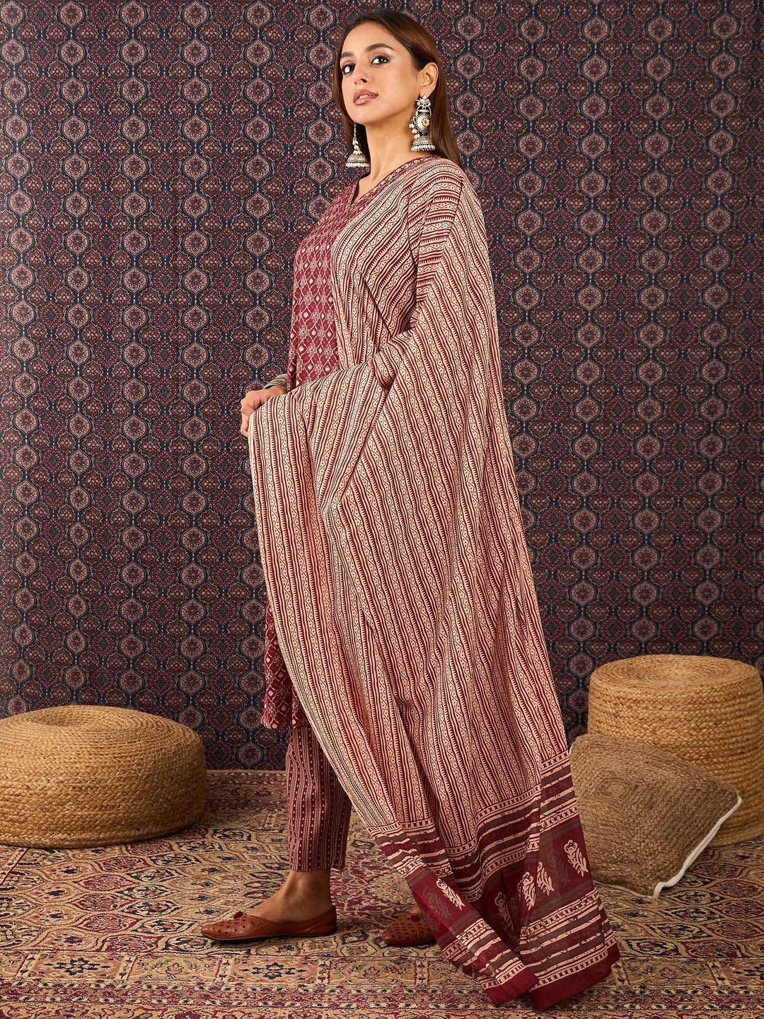 Ethnic Motifs Printed Sequinned Pure Cotton Kurta With Trousers & Dupatta
