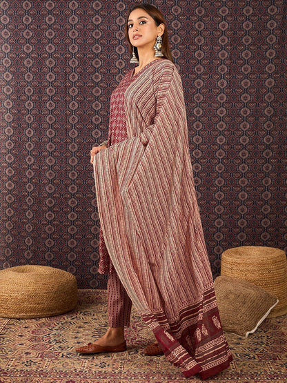 Ethnic Motifs Printed Sequinned Pure Cotton Kurta With Trousers & Dupatta