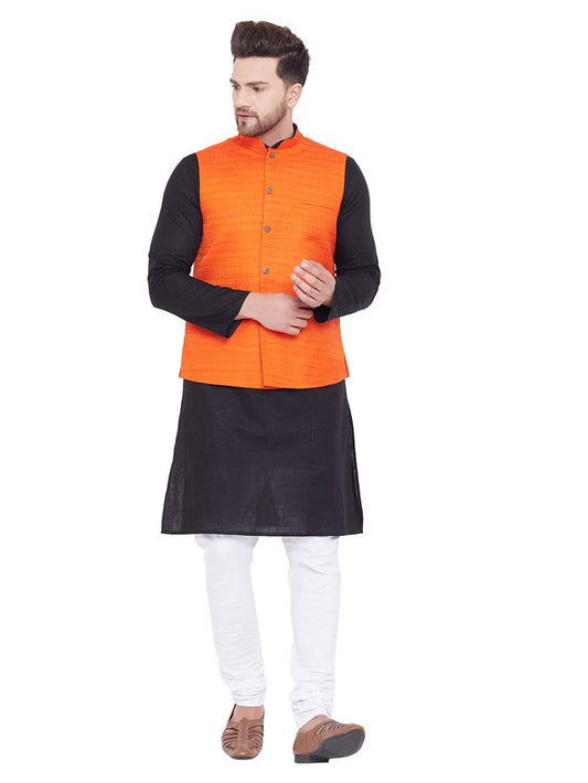 Men's Black Cotton Blend Straight Jacket  Kurta and Pyjama Set