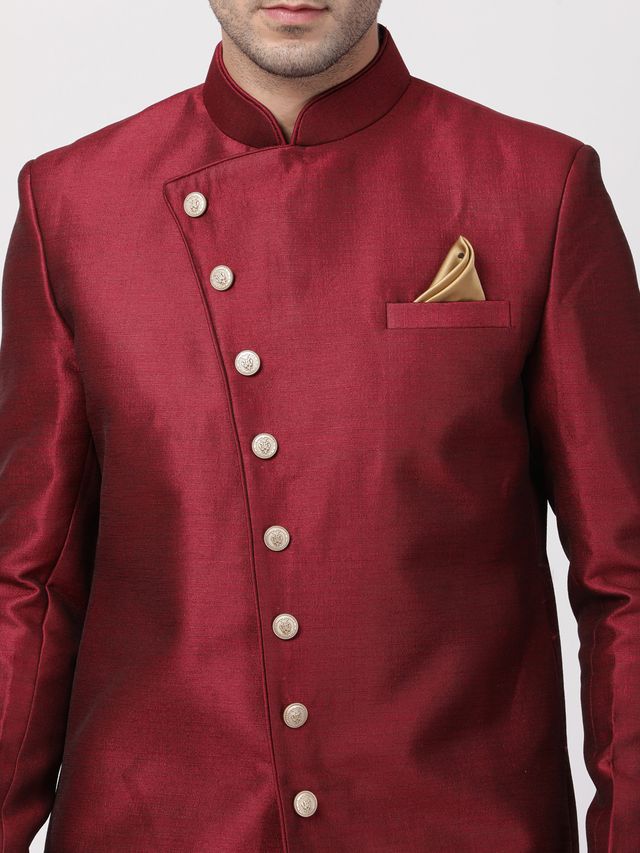Men's Maroon Silk Blend Straight Sherwani Set