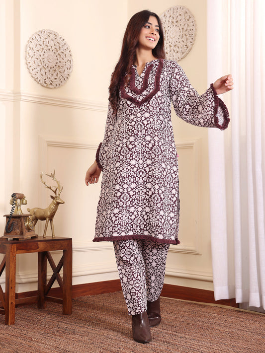 Dhiyona VR Women's Coffee Brown Printed Winter Straight Kurta With Printed Bottom