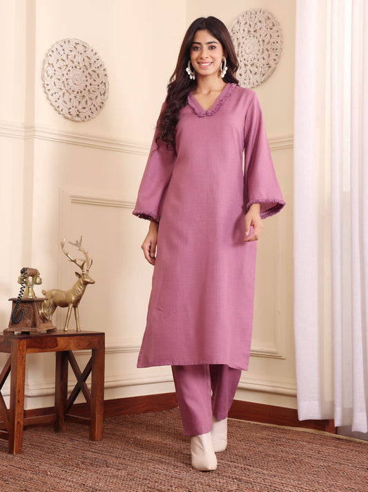 Dhiyona VR Women's Purple Fringed V Neck Kurta Set