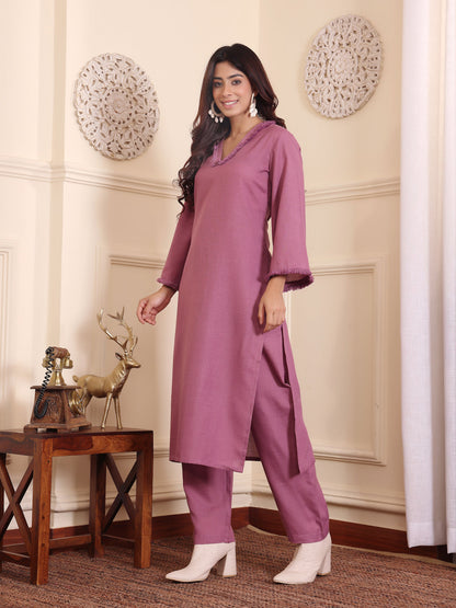 Dhiyona VR Women's Purple Fringed V Neck Kurta Set