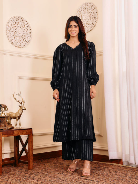 Dhiyona VR Women's Black Lurex A- Line Kurta With Trousers