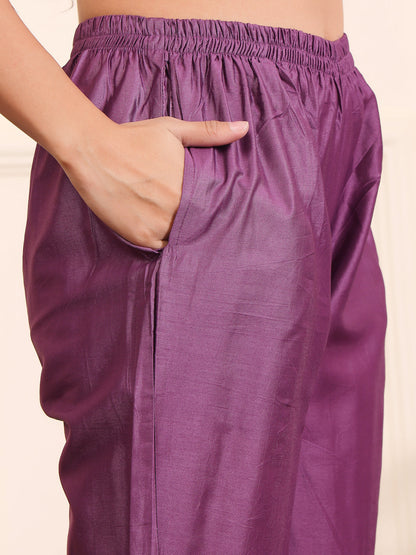 Dhiyona VR Women's Lavender Silk Floral Printed Stones Embellished Kurta Set With Dupatta
