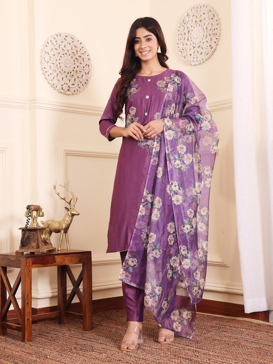 Dhiyona VR Women's Lavender Silk Floral Printed Stones Embellished Kurta Set With Dupatta
