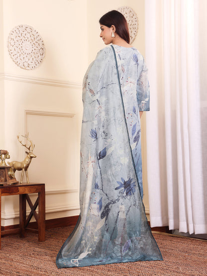 Dhiyona VR Women's Grey Blue Floral Printed Straight Kurta With Trousers And Dupatta