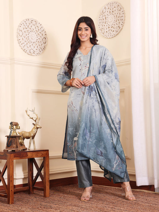 Dhiyona VR Women's Grey Blue Floral Printed Straight Kurta With Trousers And Dupatta