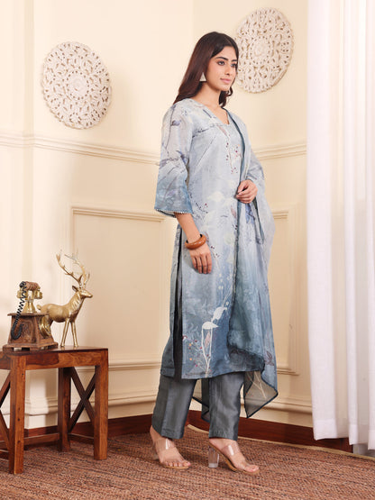 Dhiyona VR Women's Grey Blue Floral Printed Straight Kurta With Trousers And Dupatta