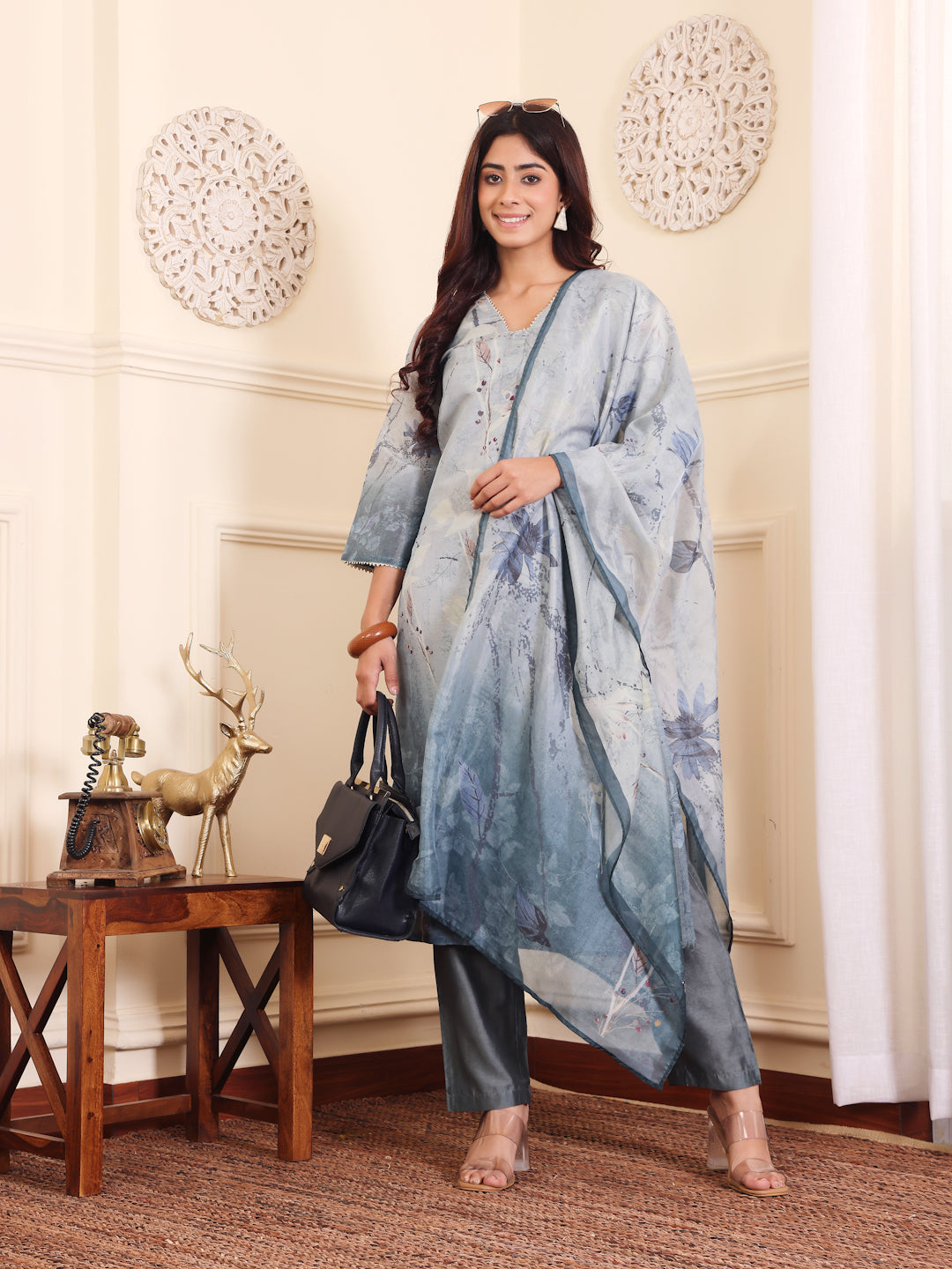 Dhiyona VR Women's Grey Blue Floral Printed Straight Kurta With Trousers And Dupatta