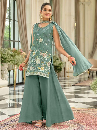 Women Floral Embroidered Regular Thread Work Kurta with Palazzos & Dupatta