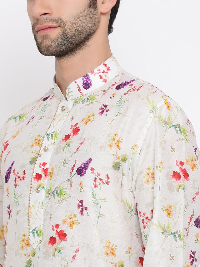 Men's Cream Cotton Blend Straight Kurta
