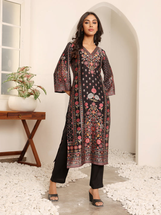 Dhiyona VR Women's Blue Floral Printed Straight Kurta Paired With Tonal Bottom