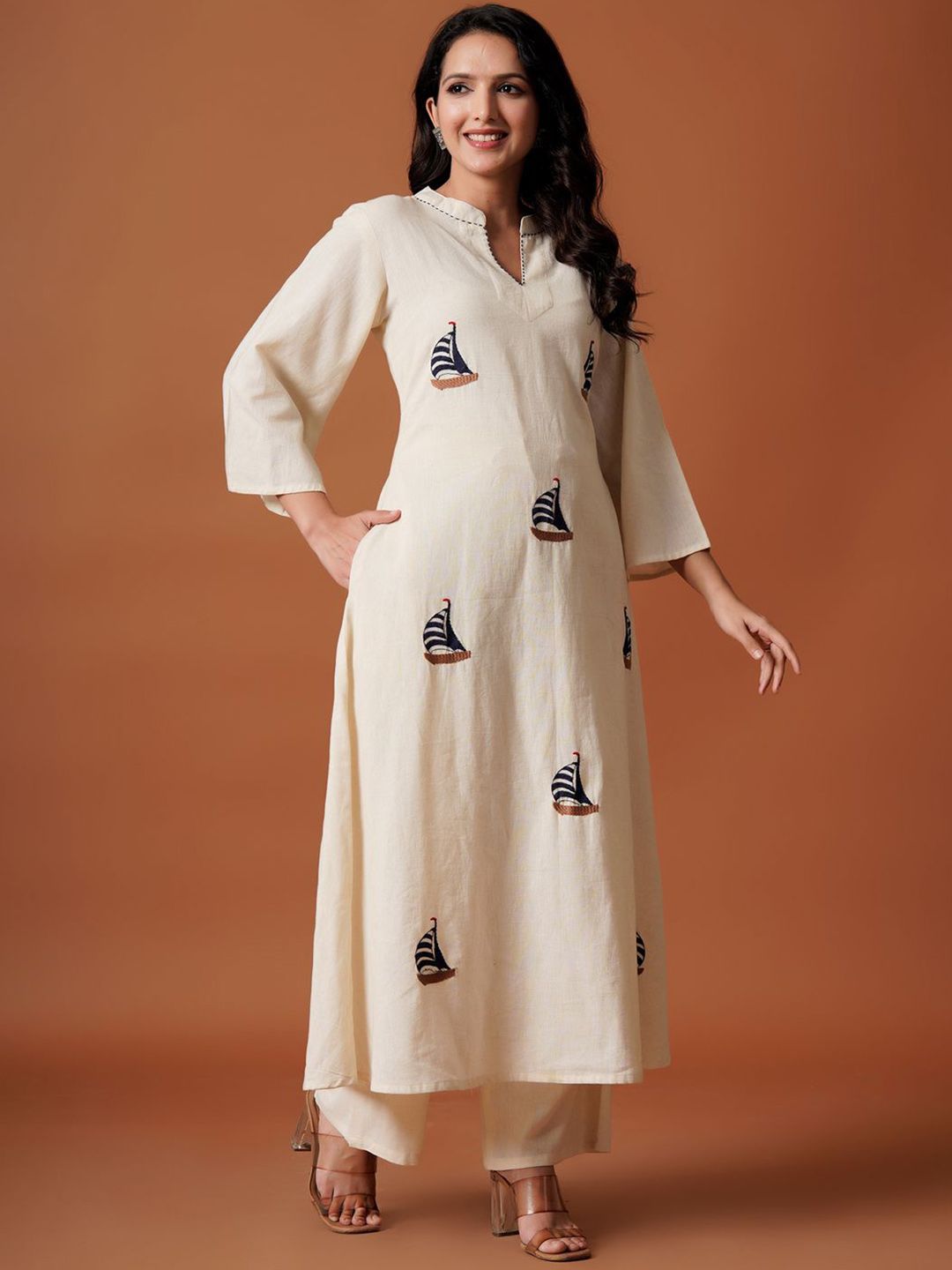 Dhiyona IE Embroidered Mandarin Collar Pure Cotton A-Line Top With Trousers