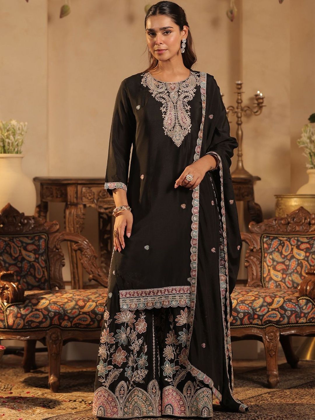 Dhiyona IE Women Paisley Embroidered Regular Sequinned Straight Kurta with Palazzos &Dupatta