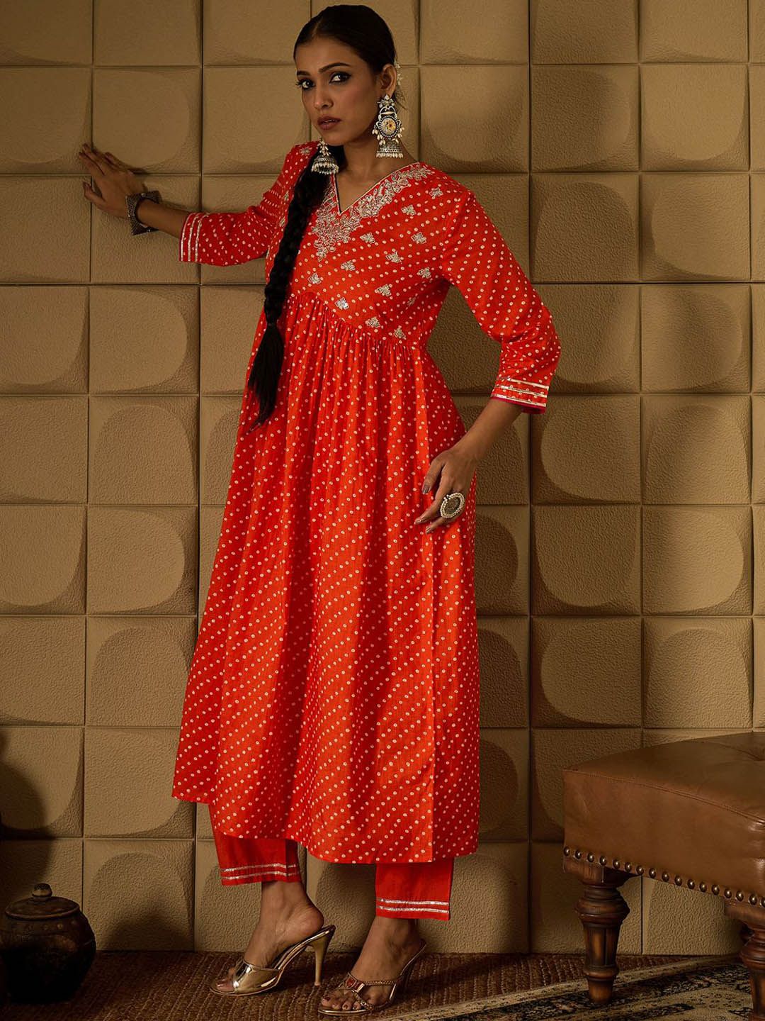 Dhiyona IE Bandhani Embroidered Empire Sequined A-Line Pure Cotton Kurta With Trousers
