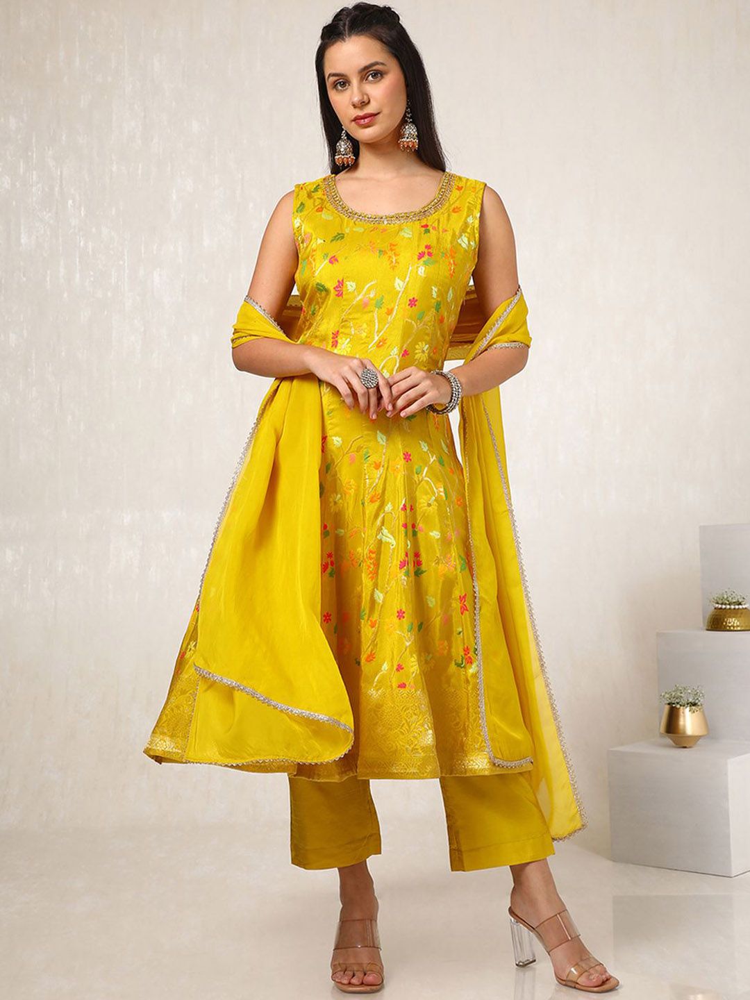 Dhiyona SO Women's Floral Woven Design Round Neck Panelled Beads Work Organza Kurta & Trouser & Dupatta