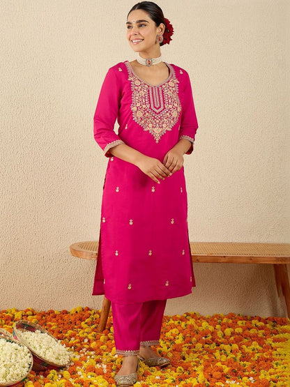 Women Ethnic Motifs Embroidered Regular Thread Work Kurta with Trousers & With Dupatta