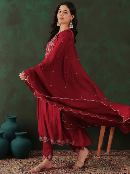 Dhiyona SN Women's Maroon Floral Embroidered Sequinned Anarkali Kurta With Trouser & Dupatta