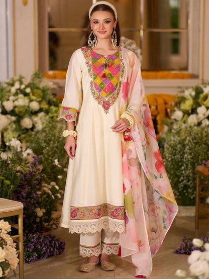 Floral Embroidered A-Line Tie-Up Neck Thread Work Kurta With Trousers & Dupatta