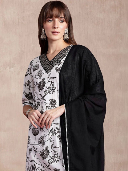 Women Floral Printed Regular Thread Work Pure Cotton Kurta with Trousers & With Dupatta