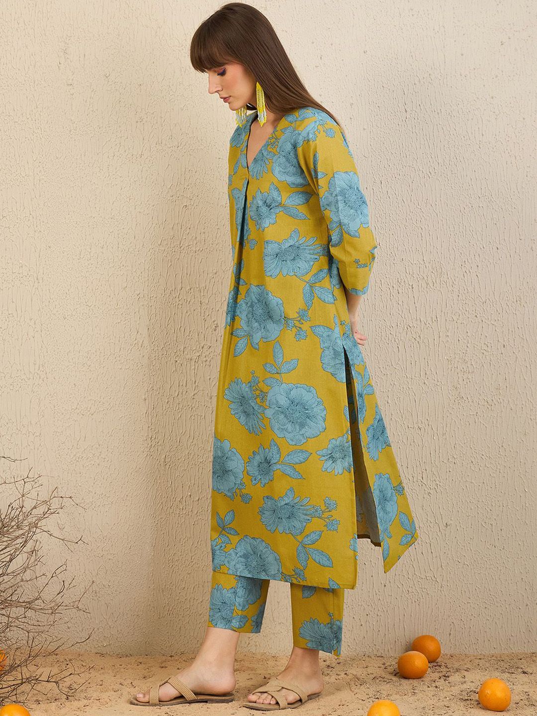 Dhiyona IE Floral Printed V-Neck A-Line Kurta with Trousers