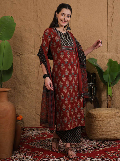Dhiyona SN Women's Printed Pure Cotton Round Neck Straight Kurta & Palazzo With Dupatta