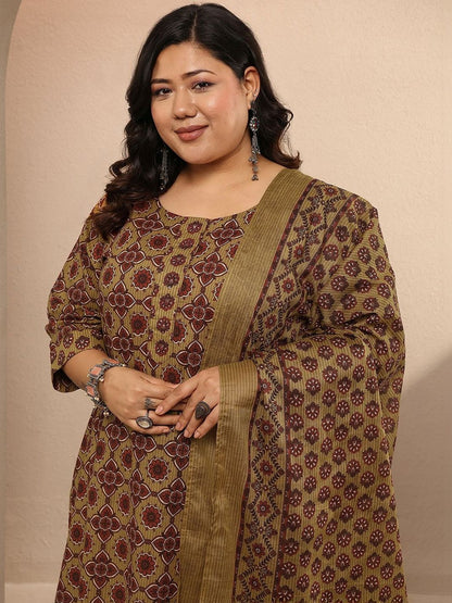 Dhiyona Women's Plus Size Ethnic Motifs Printed Kurta with Trousers & With Dupatta