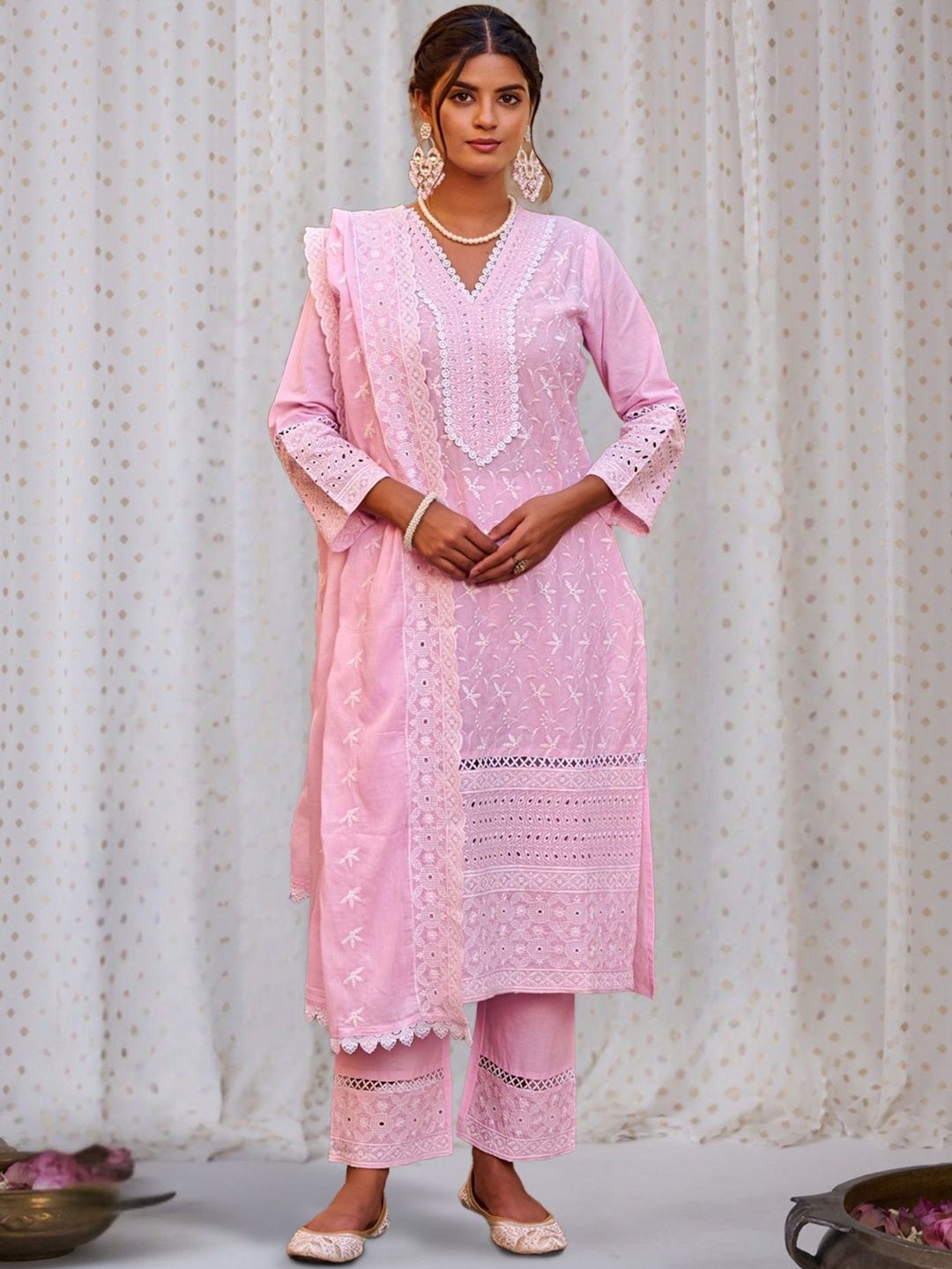 Women Ethnic Motifs Embroidered Regular Chikankari Pure Cotton Kurta with Trousers & With Dupatta