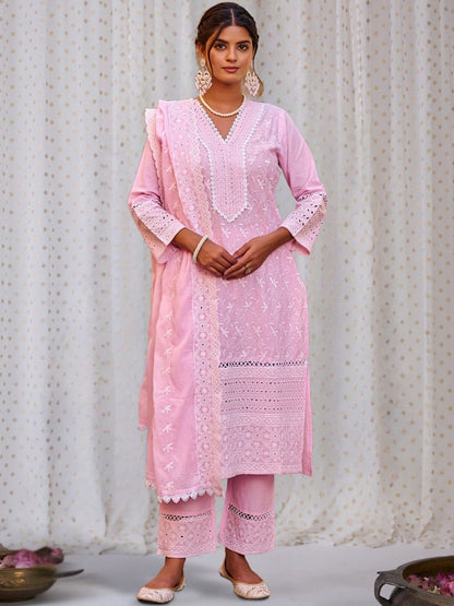 Women Ethnic Motifs Embroidered Regular Chikankari Pure Cotton Kurta with Trousers & With Dupatta