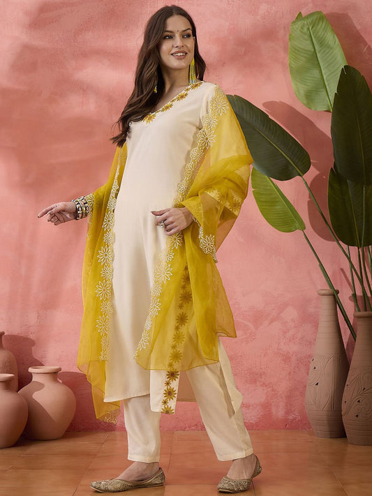 Dhiyona SN Women's Cream Floral Embroidered V-Neck Straight Kurta With Trouser And Dupatta