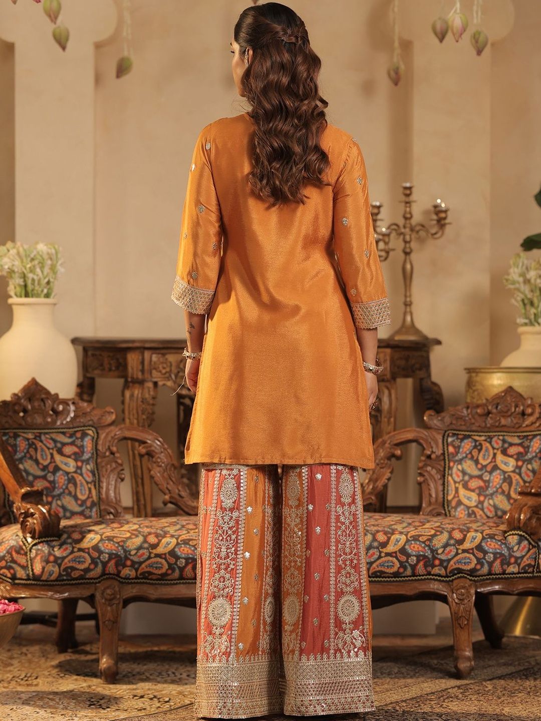 Ethnic Motifs Embroidered Round Neck Zari Straight Kurta & Palazzos With Dupatta