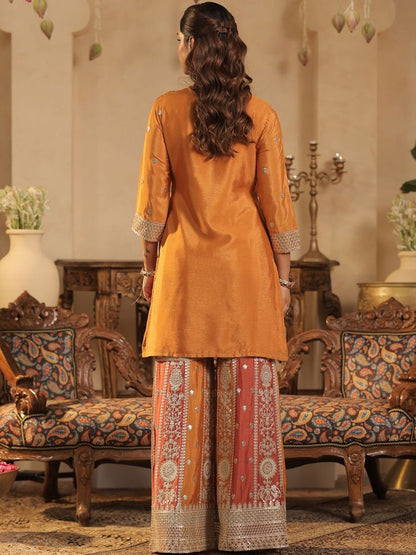 Ethnic Motifs Embroidered Round Neck Zari Straight Kurta & Palazzos With Dupatta