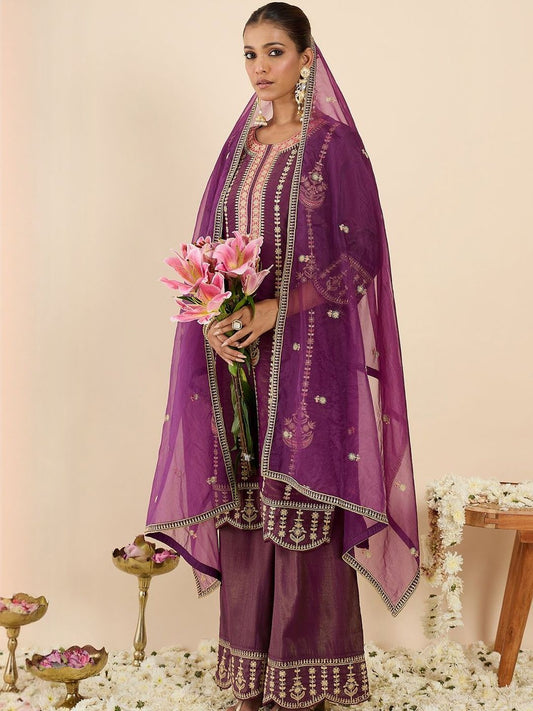 Women Ethnic Motifs Embroidered Regular Kurta with Palazzos & With Dupatta