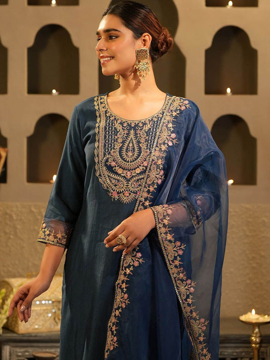 Dhiyona IE Women's Women Embroidered Regular Kurta with Trousers & Dupatta