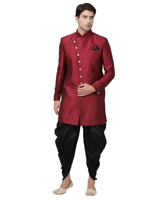 Men's Maroon Silk Blend Straight Sherwani Set