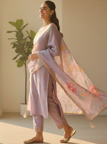 Floral Printed Thread Work Straight Kurta With Trousers & Dupatta