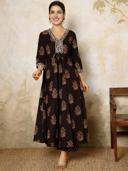 Dhiyona SN Women's Ethnic Motifs Printed Pure Cotton Anarkali Kurta with Palazzo & Dupatta