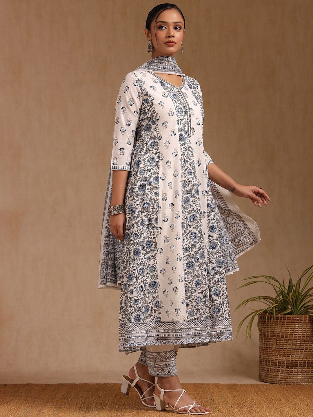 Dhiyona SO Women's Floral Printed irror Work Anarkali Kurta with Trouser & Dupatta