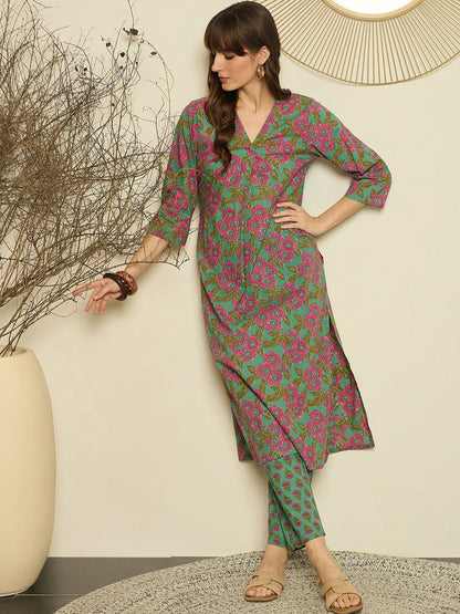 Dhiyona IE Women Printed V-Neck Cotton Top and Trousers Co-Ords