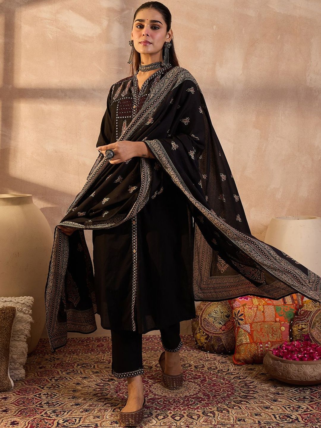 Women Embroidered Pure Cotton Kurta With Trousers & Dupatta Kurta Sets