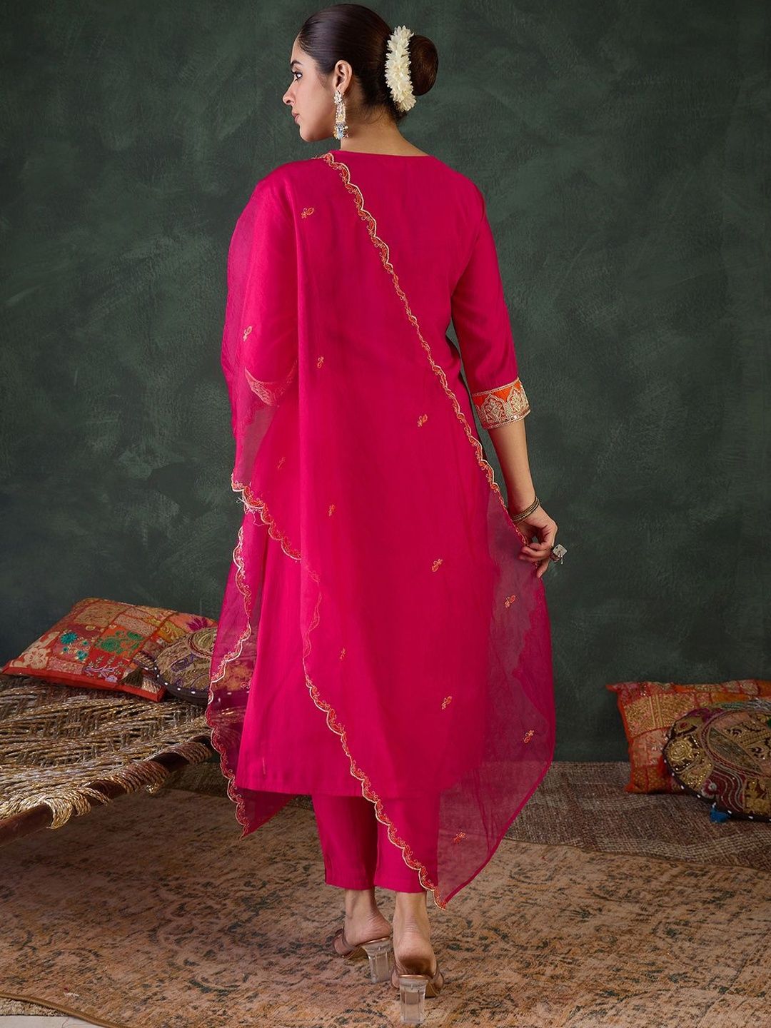 Women Ethnic Motifs Embroidered Regular Thread Work Kurta with Trousers & With Dupatta