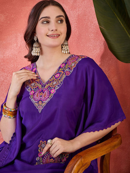 Dhiyona SN Women's Ethnic Motifs Embroidered Zari Sequence Kaftan Kurta & Trousers Set